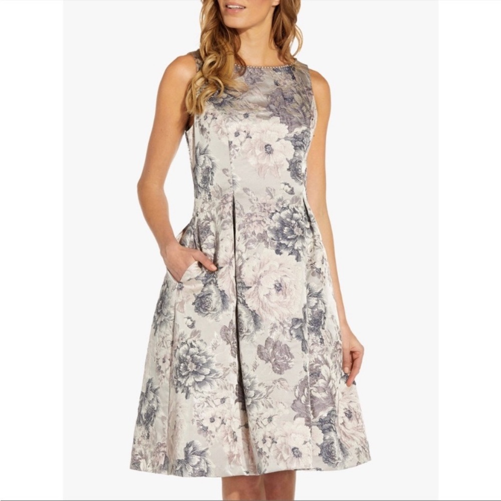 Adrianna Papell Fit and Flare Jacquard Metallic Silver Floral Dress